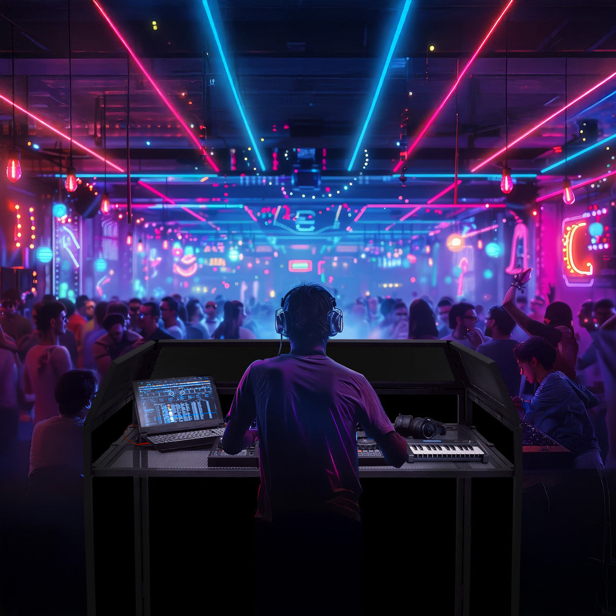 Stand DJ Premium en noir, avec un éclairage vibrant et coloré, utilisé par un DJ dans une ambiance de fête animée et moderne
