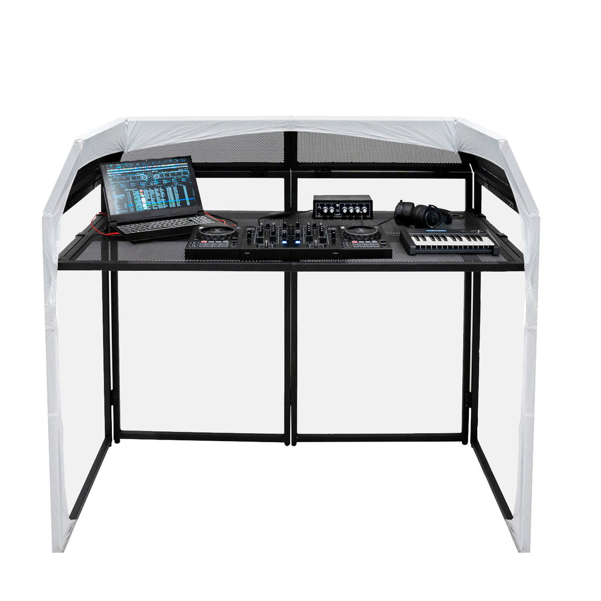 Stand DJ Premium en métal noir avec surface texturée, équipé d'un ordinateur portable, contrôleurs et clavier, idéal pour les performances musicales