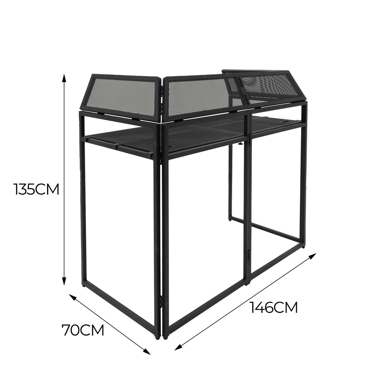 Stand DJ Premium en métal noir, design moderne avec surface lisse, dimensions de 135 cm de hauteur et 146 cm de largeur, parfait pour les performances musicales