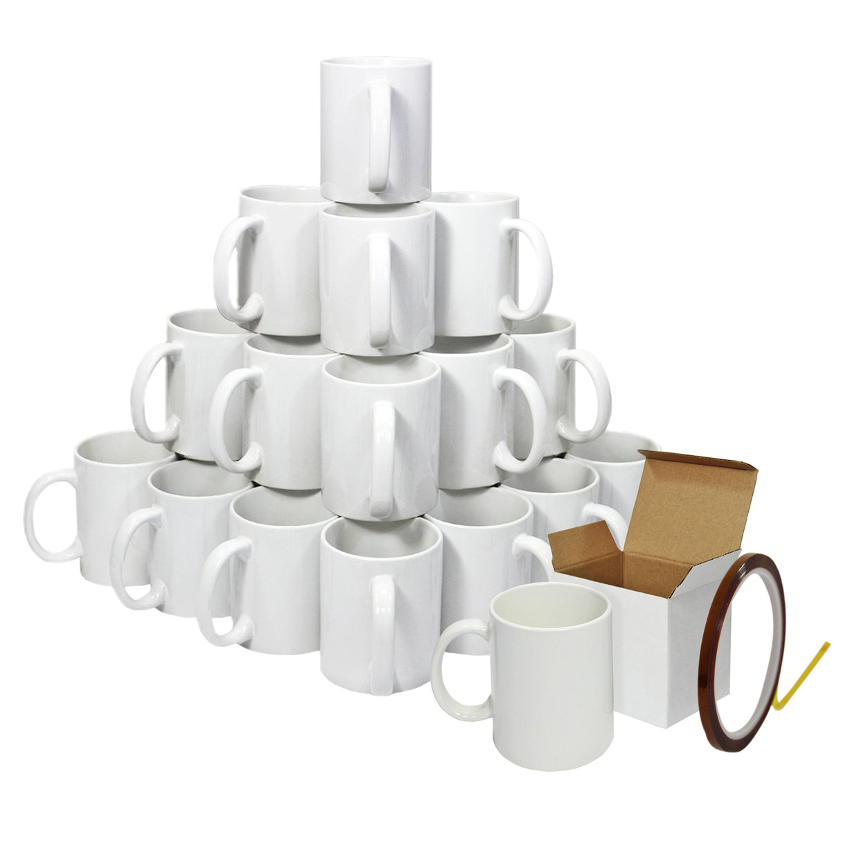 Lot de 36 tasses blanches en céramique empilées, accompagnées d'une boîte en carton et d'un ruban thermorésistant, idéal pour la sublimation