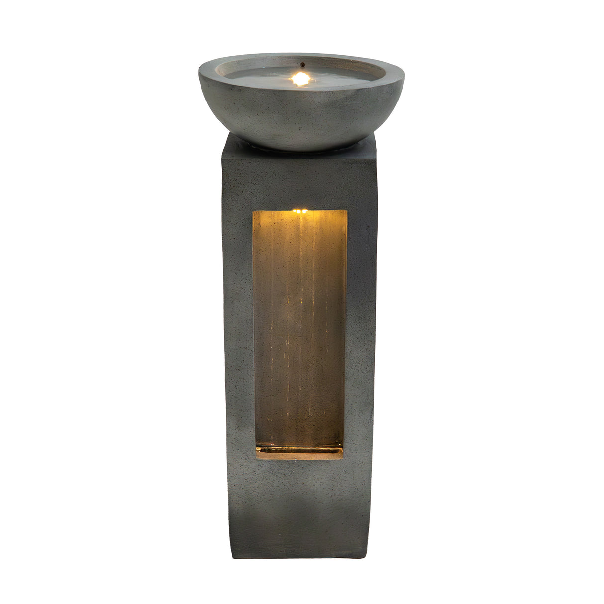 Fontaine de jardin en béton gris avec éclairage LED, design moderne, forme rectangulaire, et eau s'écoulant doucement à travers une fente lumineuse