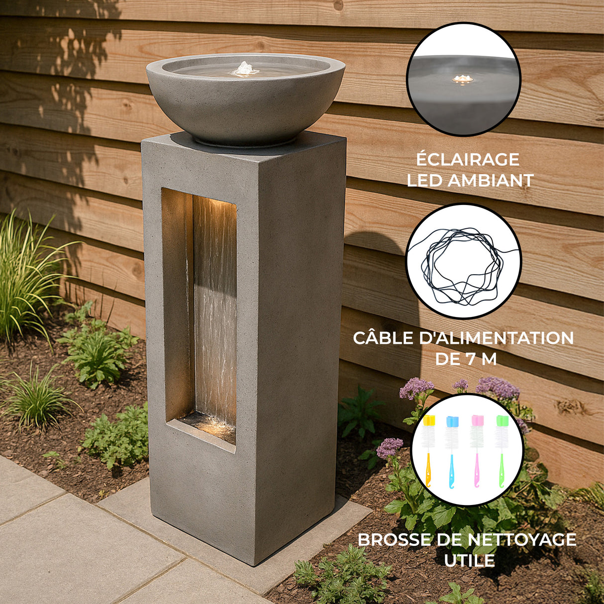 Fontaine de jardin en béton gris avec éclairage LED, eau s'écoulant doucement, design moderne et élégant, idéal pour l'extérieur