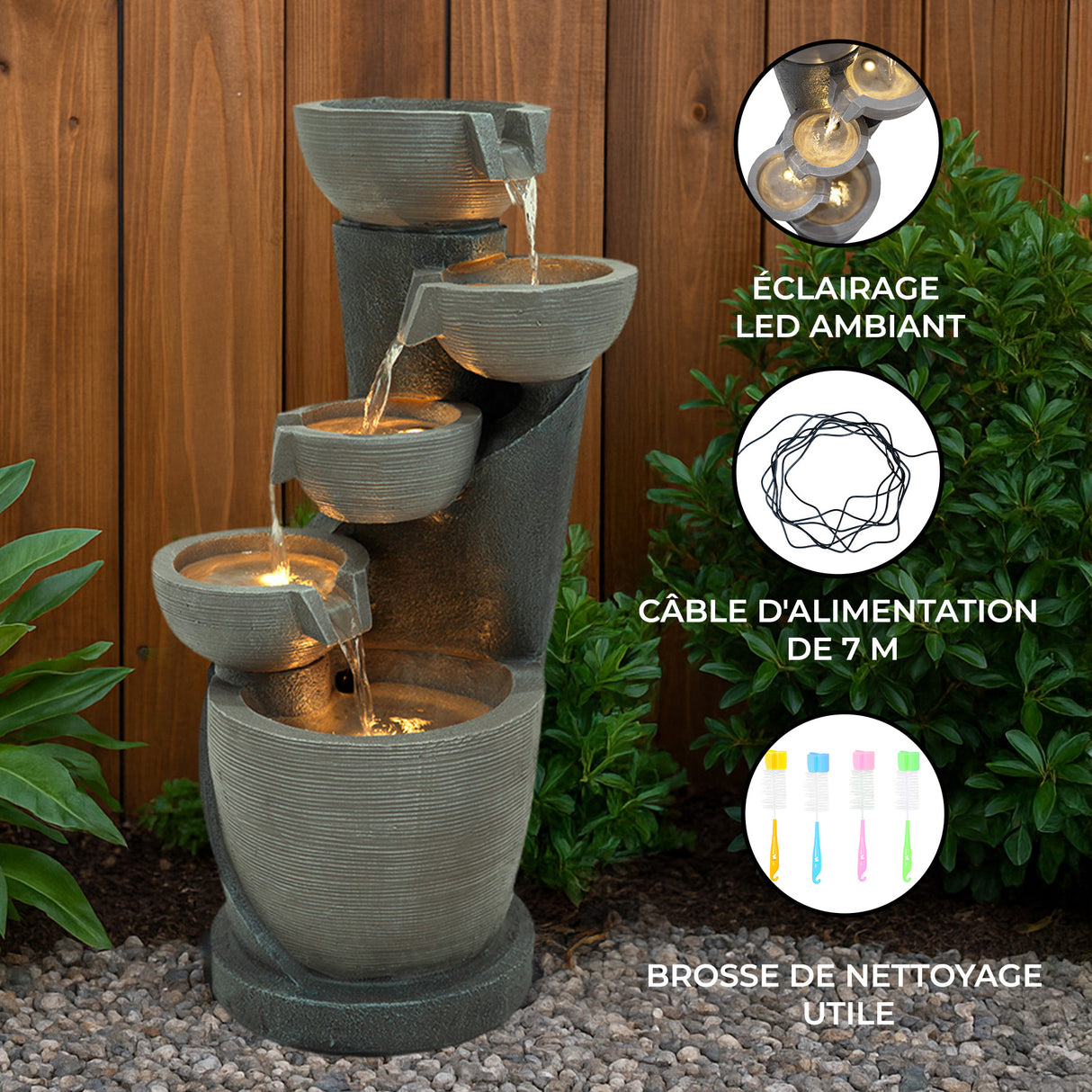 Fontaine de jardin « Illusion Lagoon » en résine grise avec éclairage LED, présentant quatre niveaux d'eau et un design moderne et élégant