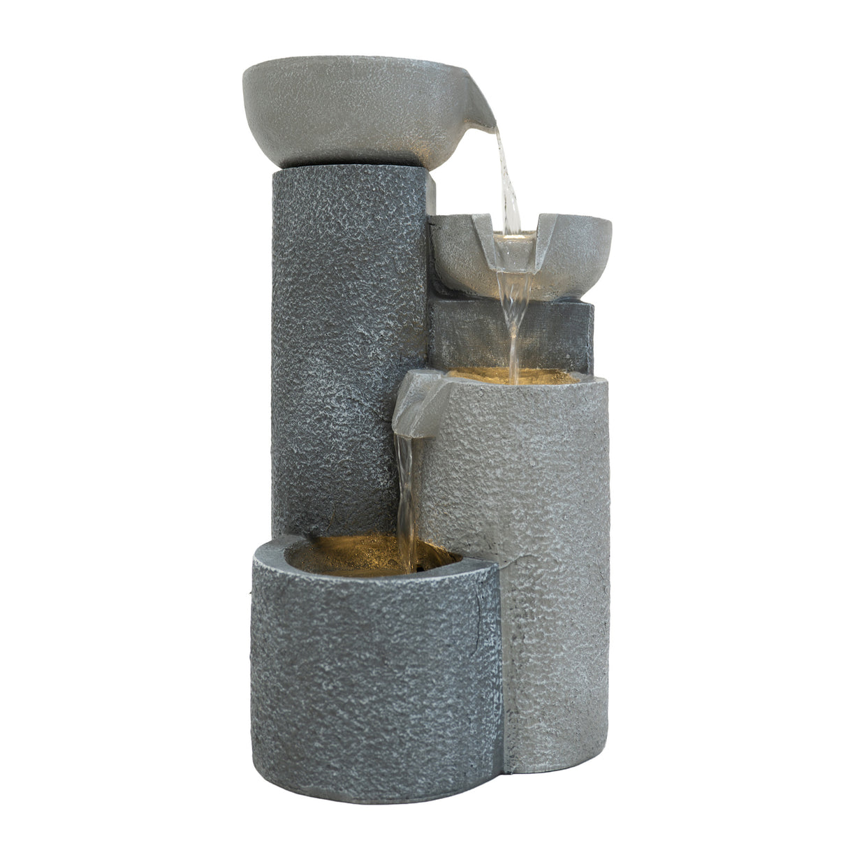 Fontaine de jardin « Tranquil Tiers » en béton gris, avec trois niveaux d'eau s'écoulant et éclairage LED intégré, créant une ambiance apaisante