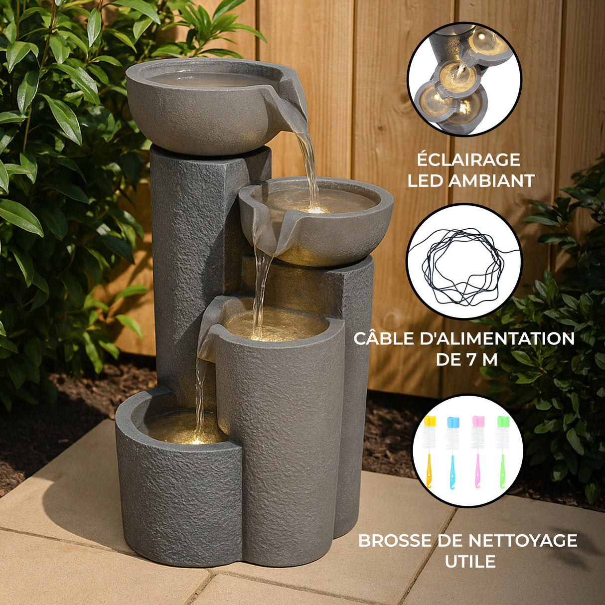 Fontaine de jardin en béton gris avec trois niveaux, éclairage LED doré, câble d'alimentation de 7 m et brosse de nettoyage incluse