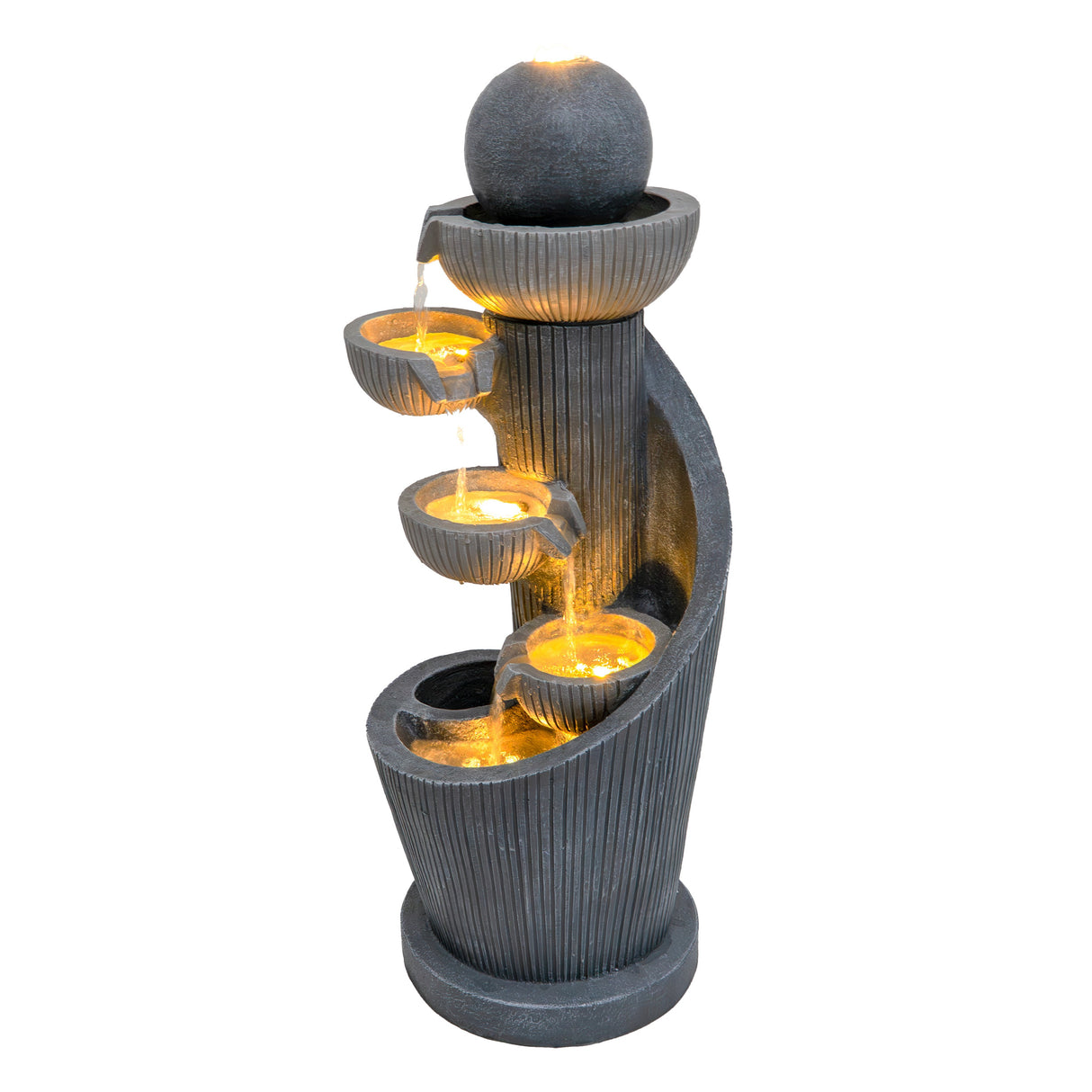 Fontaine de jardin en résine noire, avec trois vasques et éclairage LED, créant une ambiance apaisante et moderne