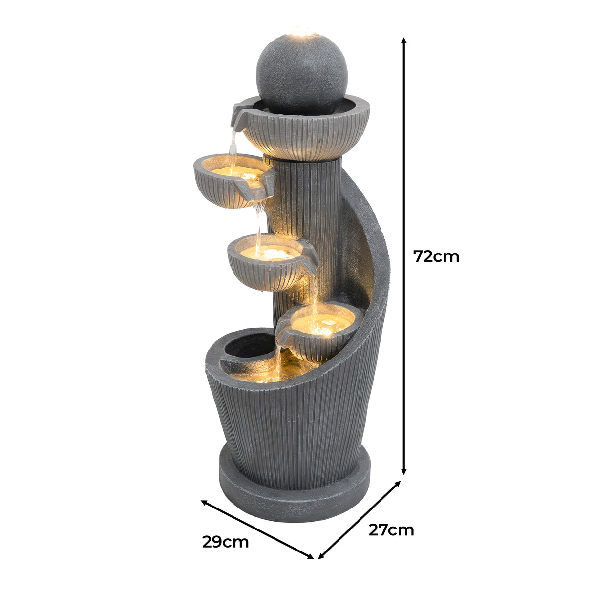 Fontaine de jardin en béton gris avec éclairage LED, design spiralé, quatre niveaux d'eau et sphère décorative en haut