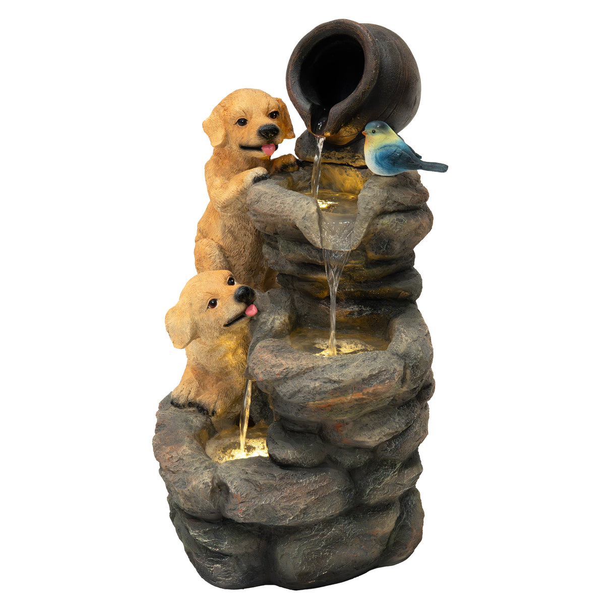 Fontaine de jardin en résine représentant deux chiots dorés, un oiseau bleu et un pot en terre cuite, avec éclairage LED intégré