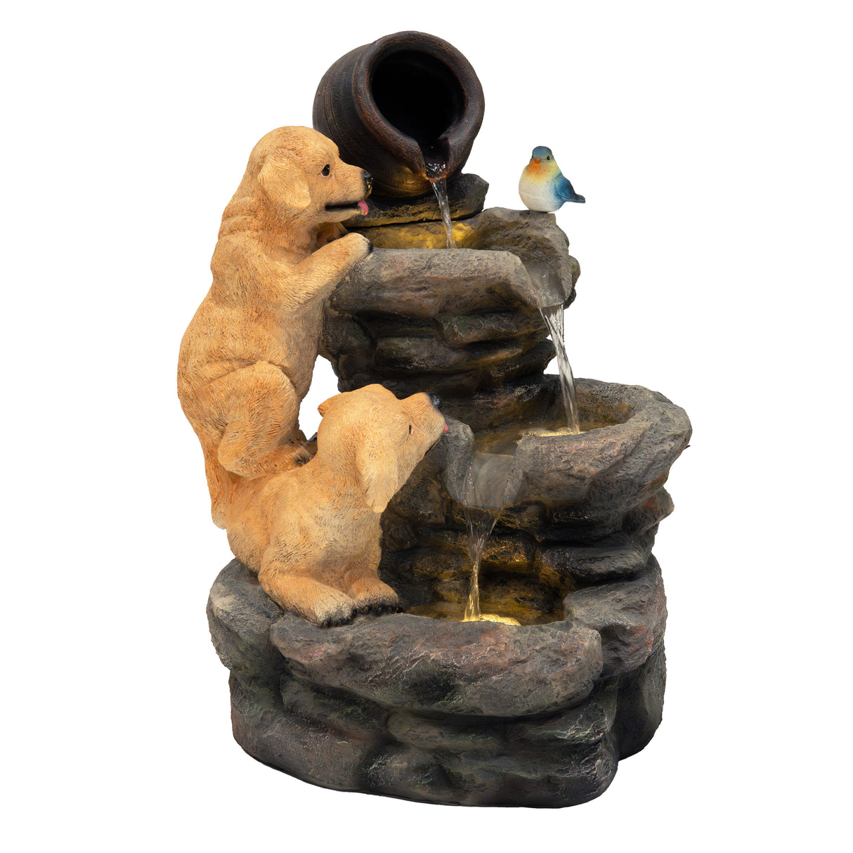 Fontaine de jardin en résine avec deux chiots dorés, un pot en terre cuite, un oiseau coloré et un éclairage LED intégré
