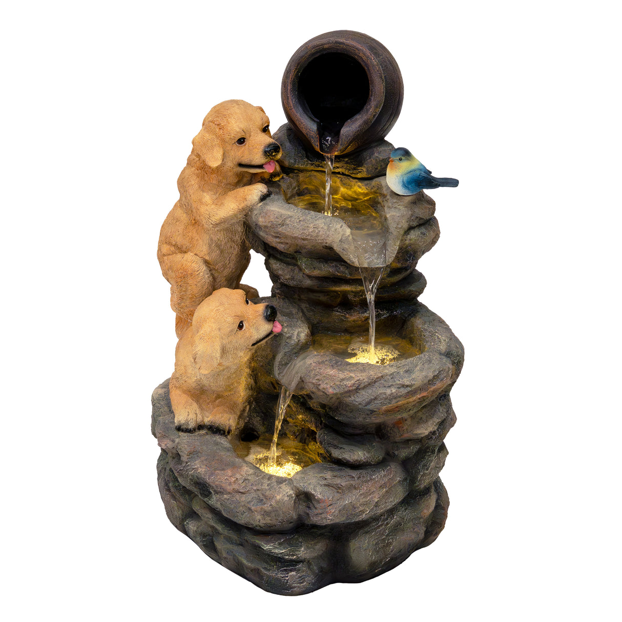 Fontaine de jardin en résine représentant deux chiots dorés jouant près d'un pot en terre cuite, avec éclairage LED et eau s'écoulant