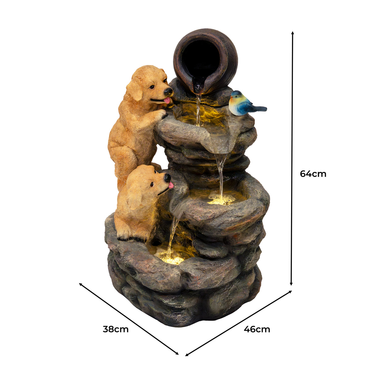 Fontaine de jardin en résine avec deux chiots dorés, un oiseau bleu et un éclairage LED, créant une ambiance apaisante et décorative