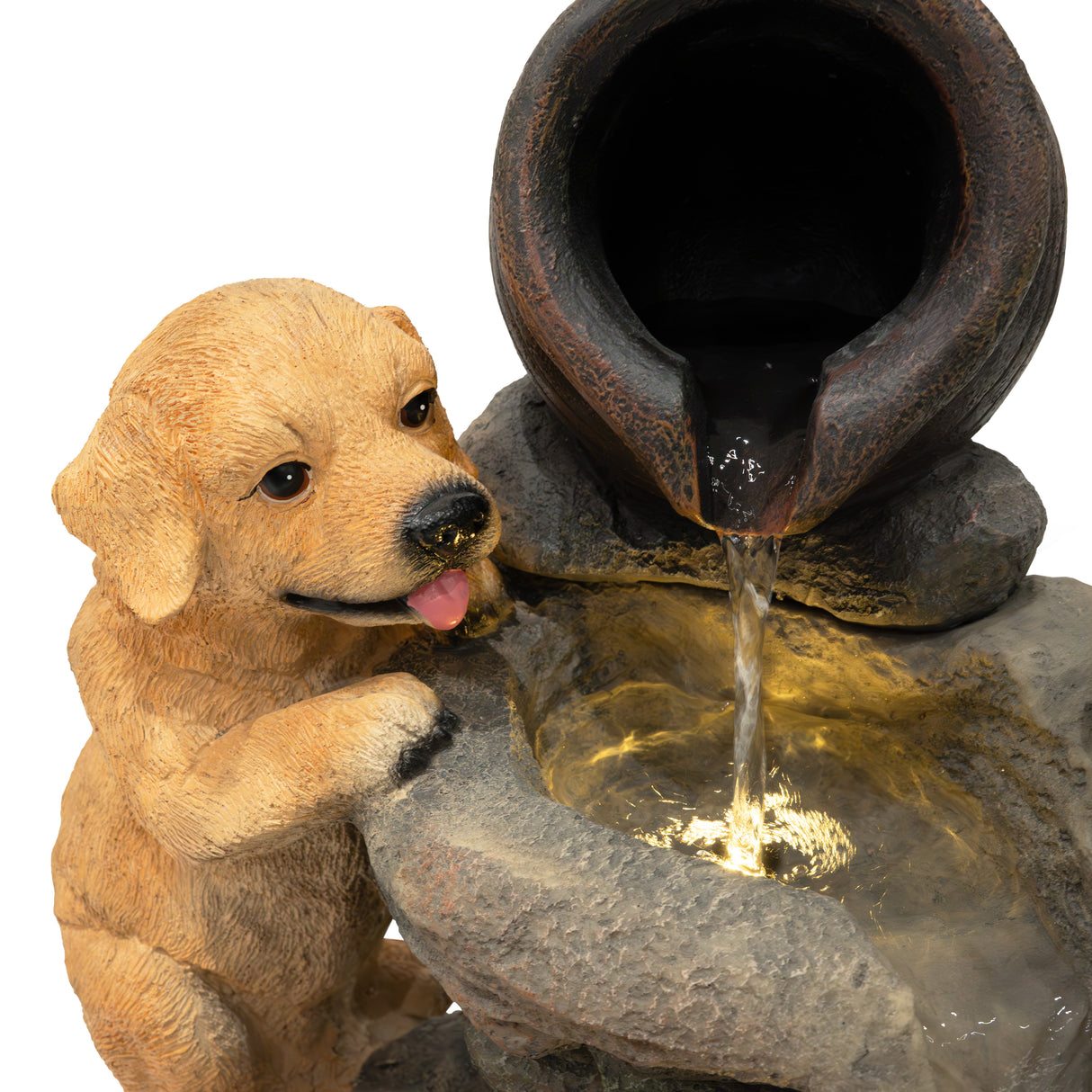 Fontaine de jardin « Canine Creek » en résine, représentant un chiot doré, avec un pot en terre cuite et éclairage LED doux