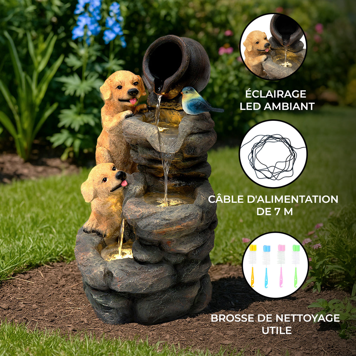 Fontaine de jardin en résine représentant deux chiots jouant près d'un pot, avec éclairage LED et détails réalistes en couleurs naturelles