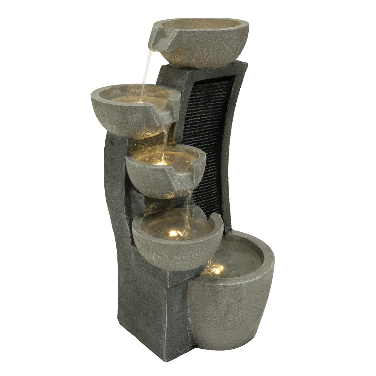 Fontaine de jardin moderne en béton gris, avec quatre vasques superposées et éclairage LED, créant un effet apaisant d'eau en cascade