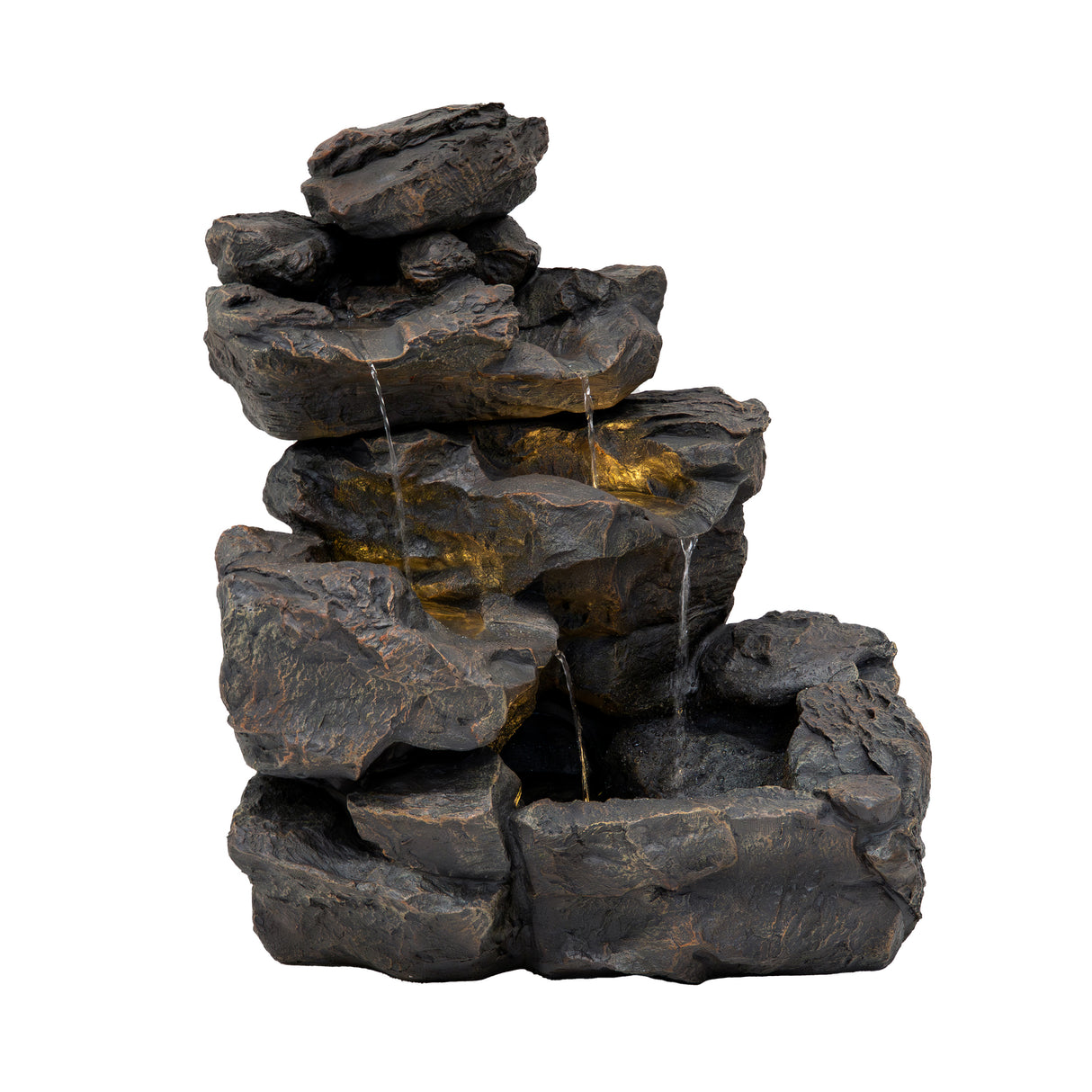 Fontaine de jardin en résine imitant des rochers, avec plusieurs niveaux et éclairage LED, créant une ambiance apaisante et naturelle