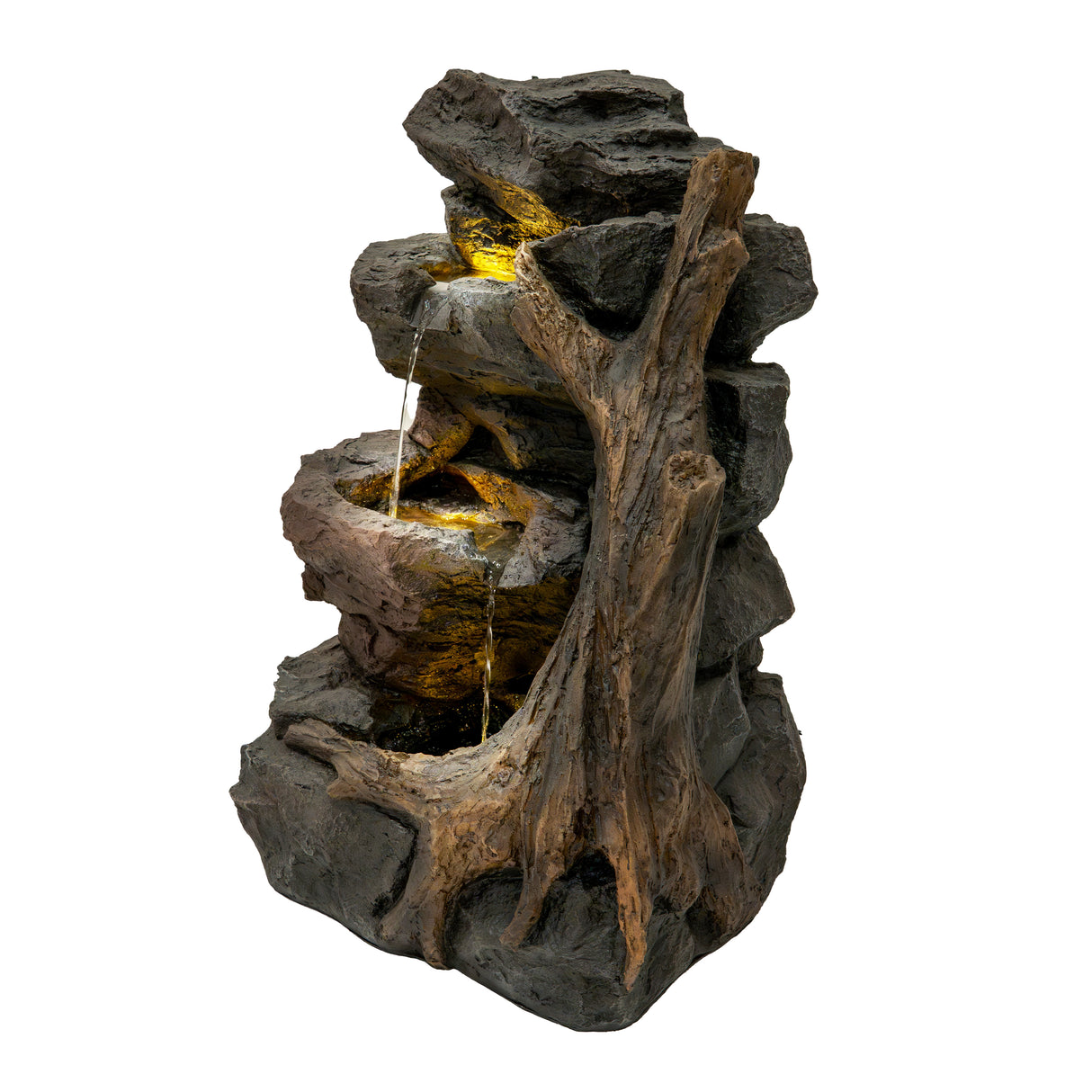 Fontaine de jardin en résine imitant la pierre, avec un éclairage LED doré, présentant des cascades d'eau et un design naturel en forme d'arbre