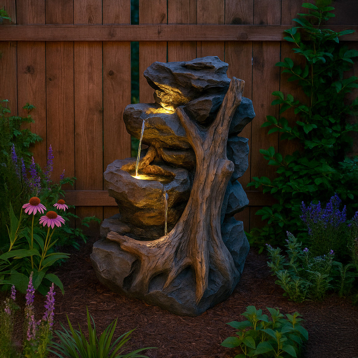 Fontaine de jardin en pierre artificielle avec éclairage LED, représentant des rochers et un tronc d'arbre, entourée de fleurs et d'herbes