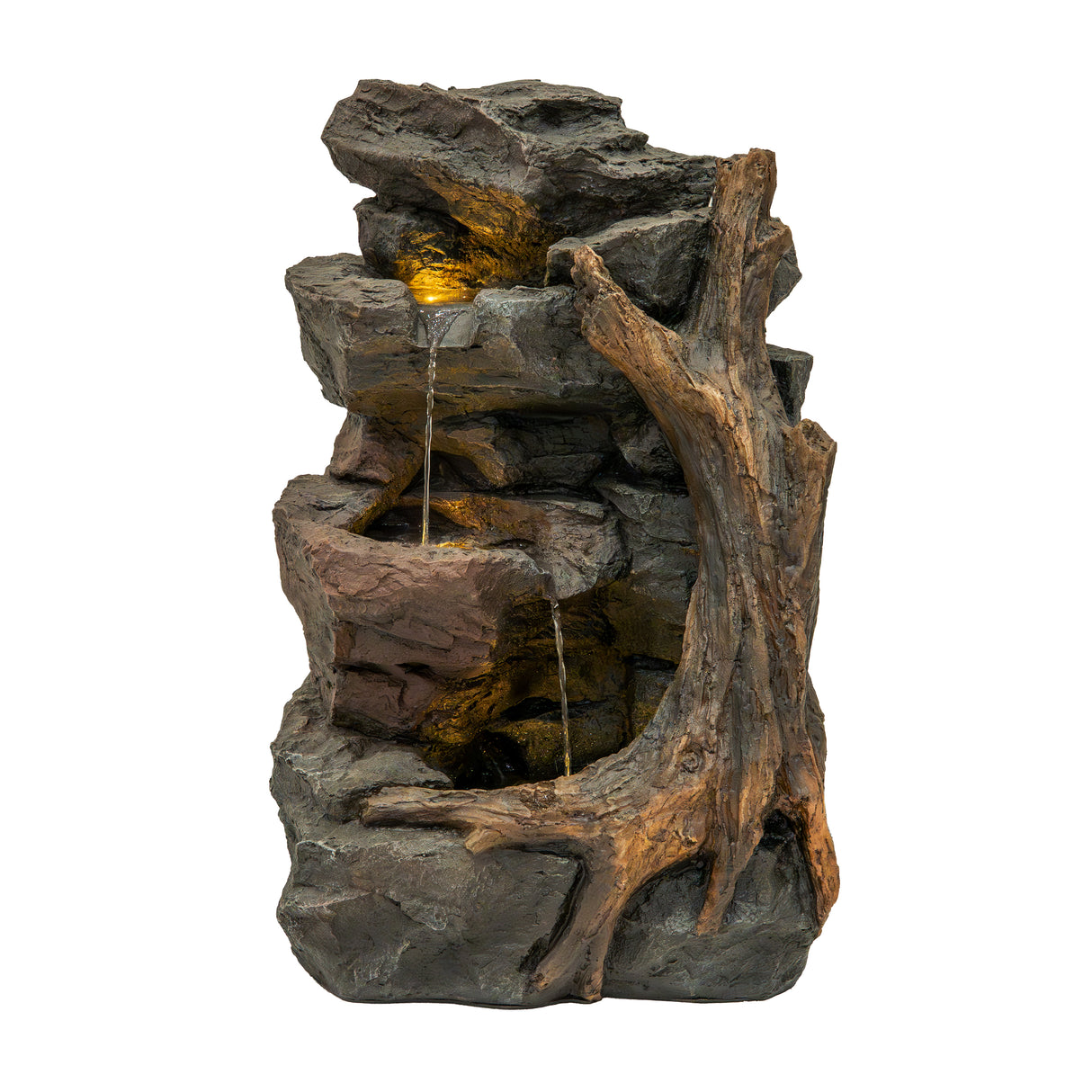 Fontaine de jardin en résine imitation pierre, avec éclairage LED, présentant des cascades d'eau et un tronc d'arbre sculpté
