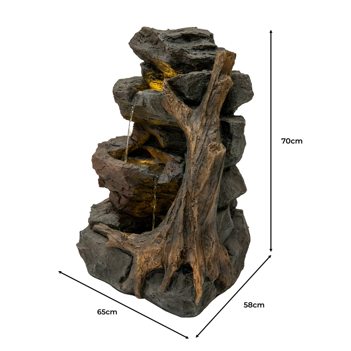 Fontaine de jardin en résine imitant la pierre, avec un éclairage LED, présentant des cascades d'eau et un design naturel en forme d'arbre