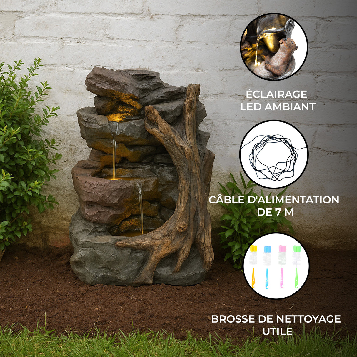 Fontaine de jardin « Willow Springs » en pierre, avec éclairage LED, cascade d'eau et éléments en bois, idéale pour un décor extérieur apaisant