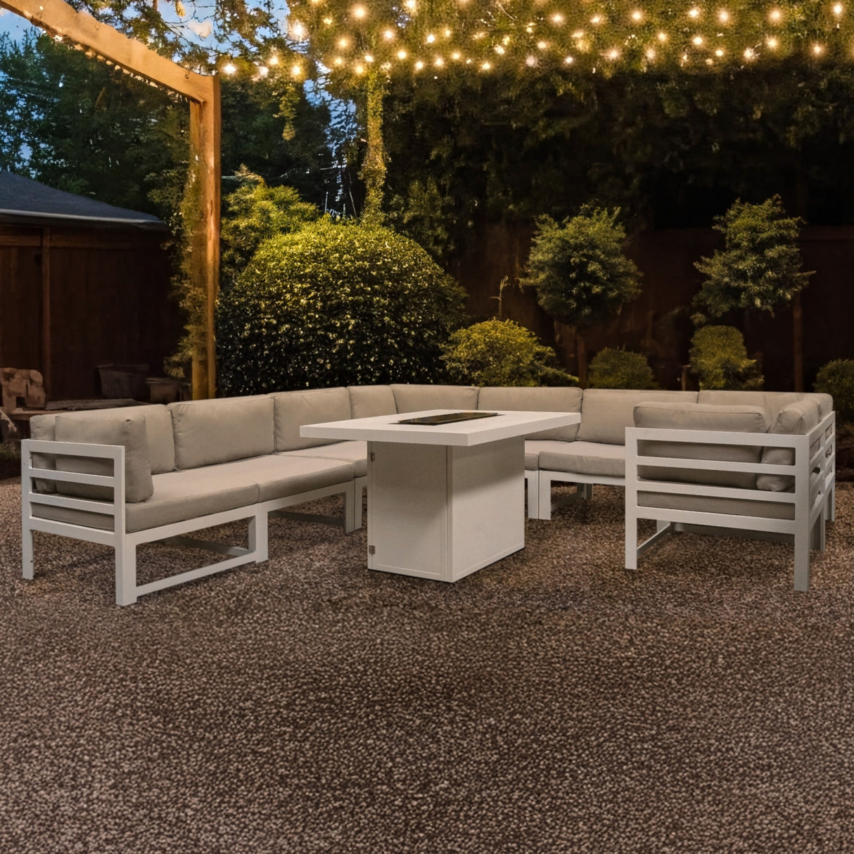 Salon de Jardin en Aluminium 8 Personnes & Table Foyer au Gaz - Blanc