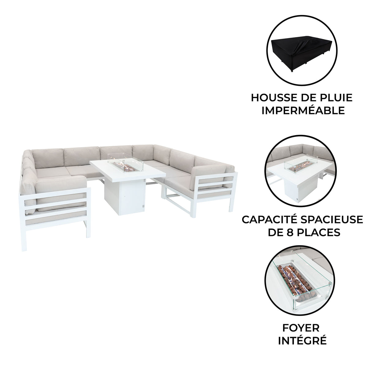 Salon de Jardin en Aluminium 8 Personnes & Table Foyer au Gaz - Blanc