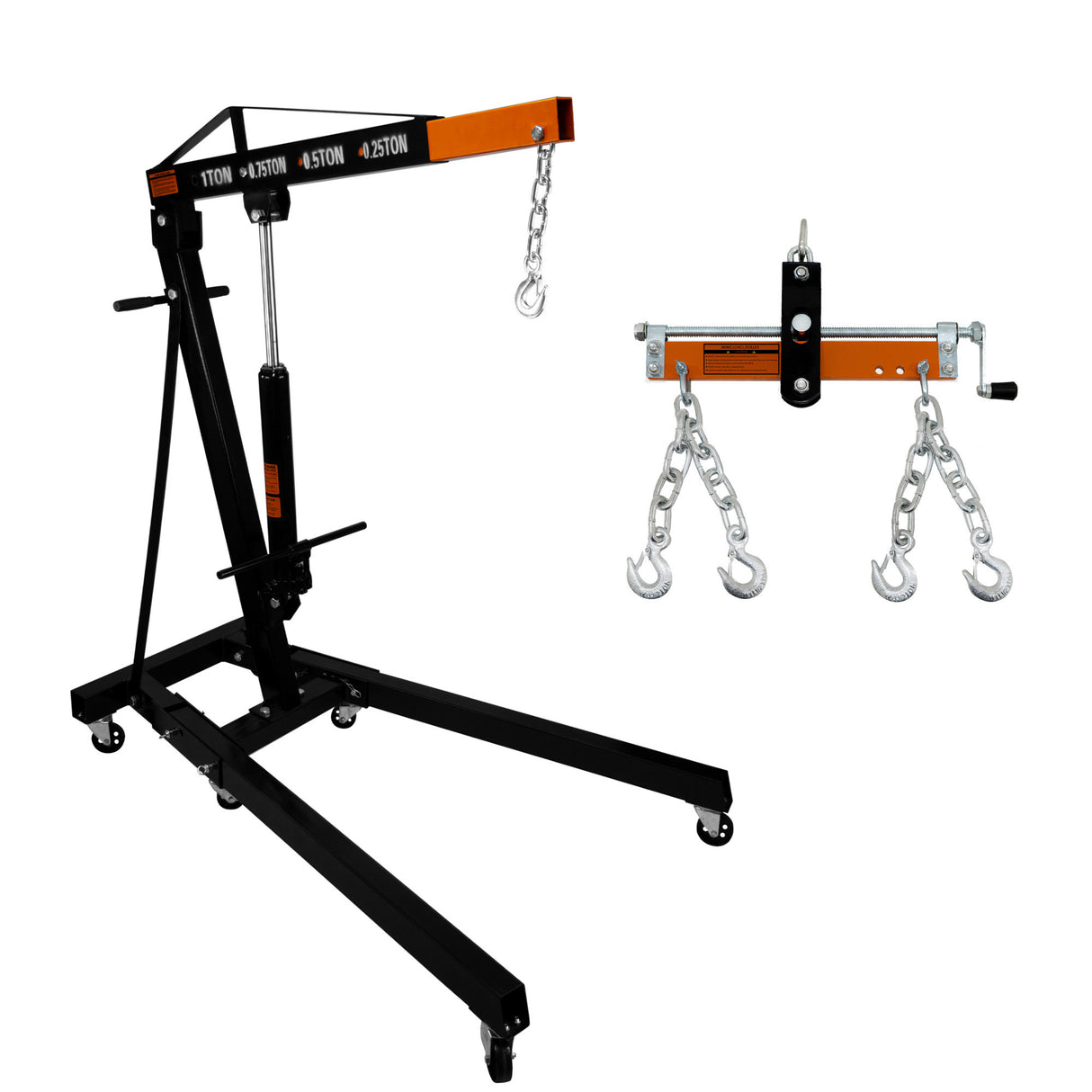 Grue de moteur noire avec bras orange, roulettes, et équilibreur de charge avec chaînes et crochets métalliques brillants