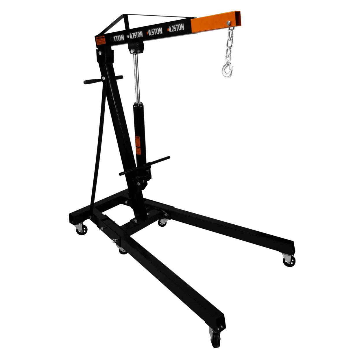 Grue de moteur 1T avec un cadre noir robuste, roulettes pour mobilité, bras ajustable et crochet en métal pour soulever des charges lourdes