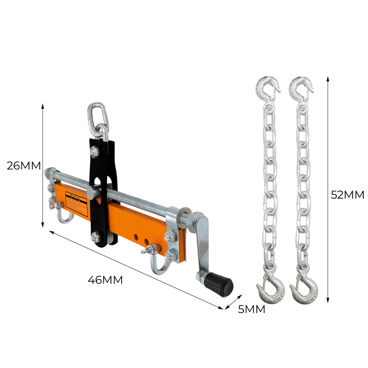 Grue de moteur orange et noir avec chaînes métalliques, conçue pour soulever des charges jusqu'à 1 tonne, dimensions compactes et robustes