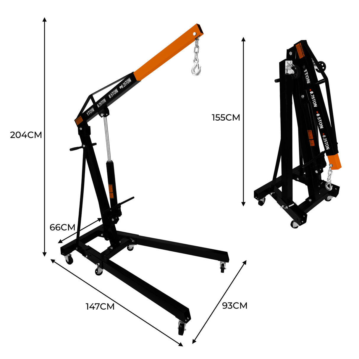 Grue de moteur 1T avec bras orange et noir, roues pivotantes, dimensions 204 cm x 66 cm, idéal pour soulever des charges lourdes