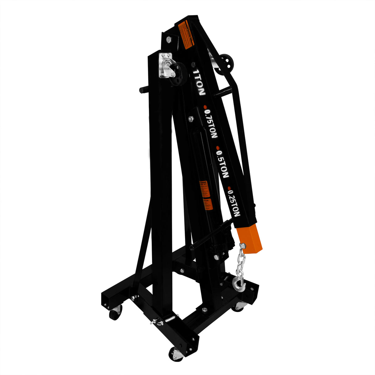 Grue de moteur noire de 1T avec roulettes, bras ajustable et étiquettes orange, conçue pour soulever des charges lourdes en toute sécurité