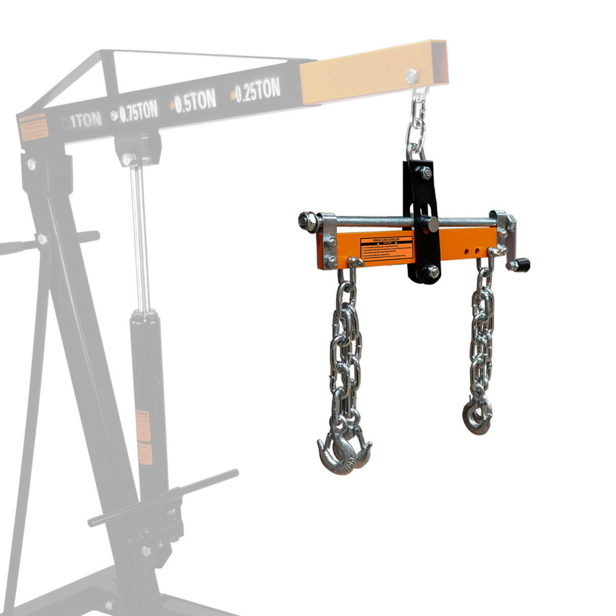 Grue de moteur noire et orange avec chaînes métalliques, crochets robustes, conçue pour soulever jusqu'à 1 tonne avec équilibre optimal