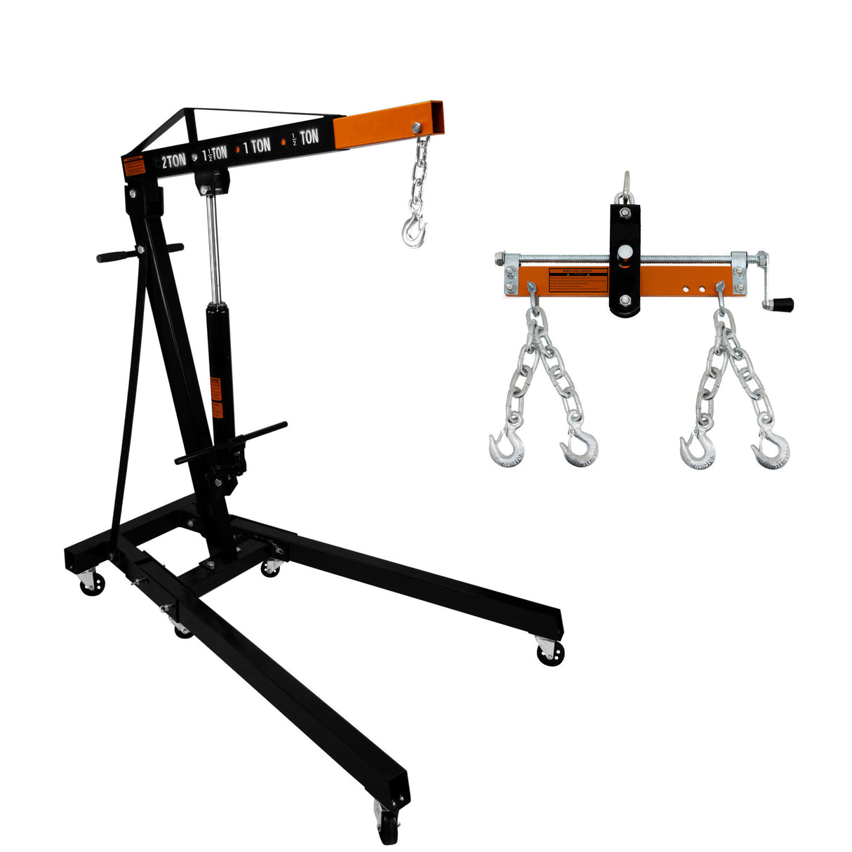 Grue de moteur 2T avec bras noir et orange, roulettes, et équilibreur de charge avec chaînes et crochets en métal brillant