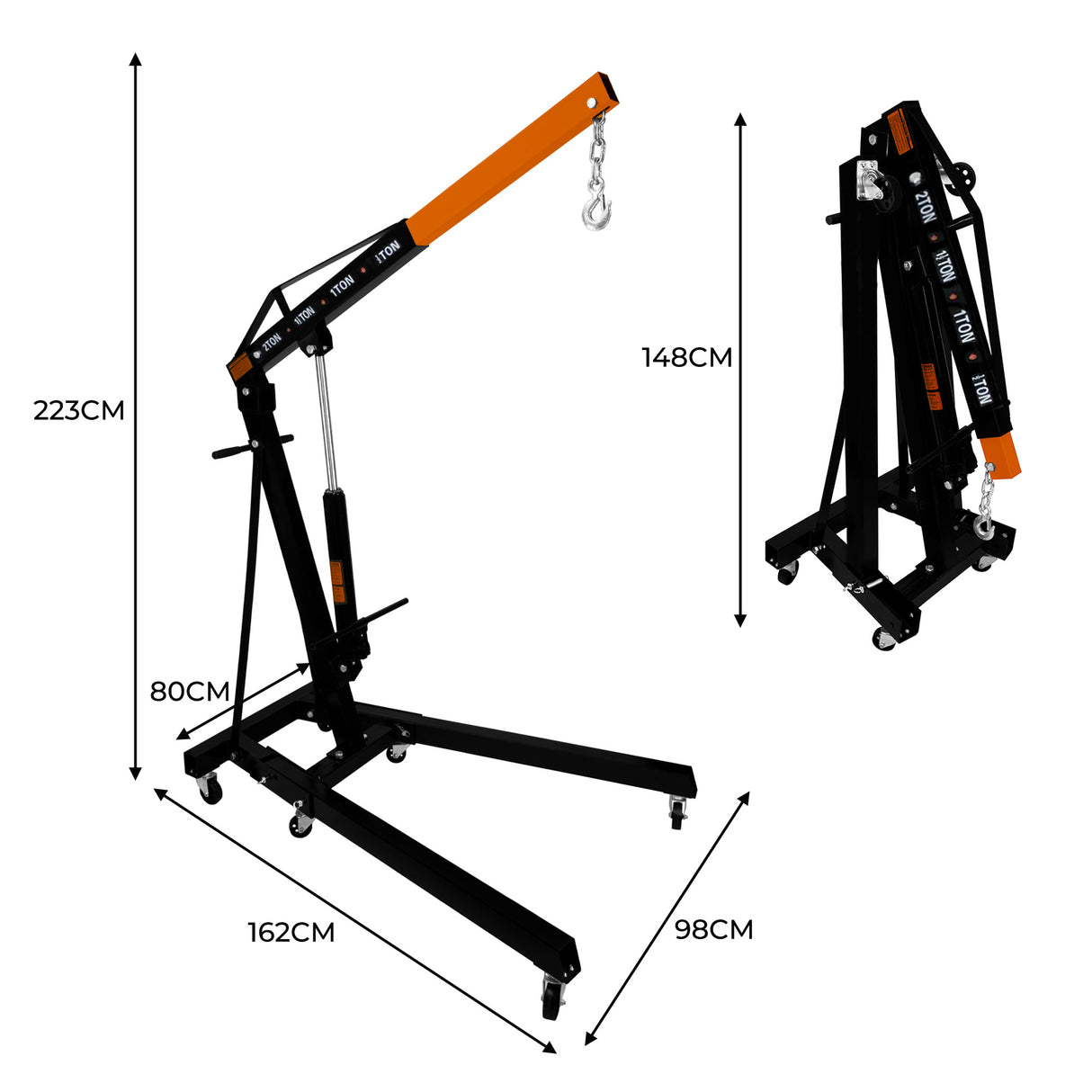 Grue de moteur 2T avec bras orange, structure noire robuste, dimensions 223 cm x 162 cm, roulettes pour mobilité facile