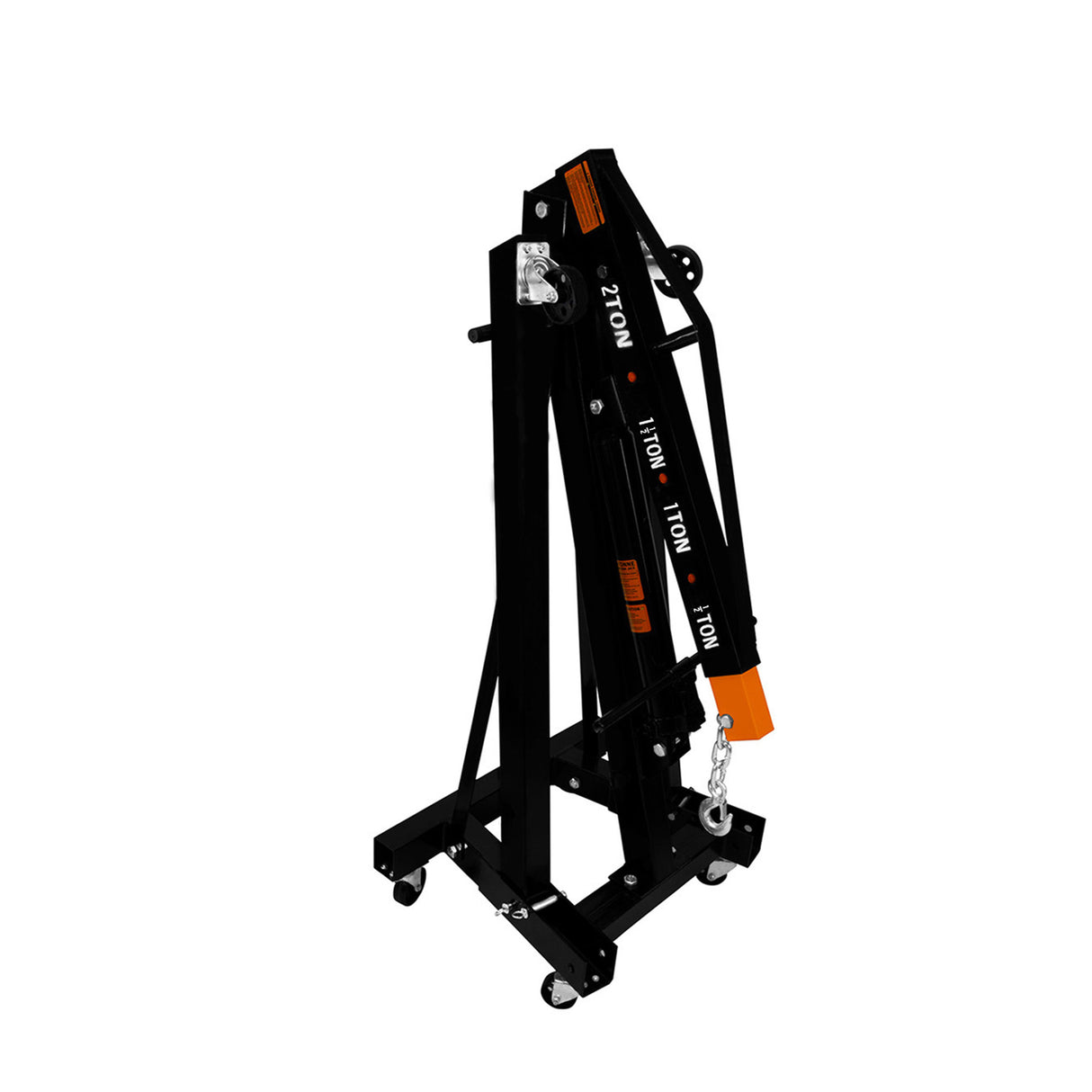 Grue de moteur noire et orange de 2 tonnes, avec roulettes, bras articulé et chaîne pour équilibrage de charge, design robuste et pratique
