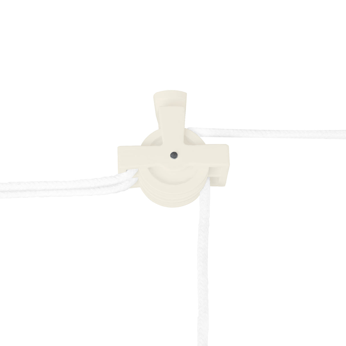 Système de fixation en ivoire pour étendoir à linge, avec cordes blanches, offrant une solution pratique pour le séchage du linge