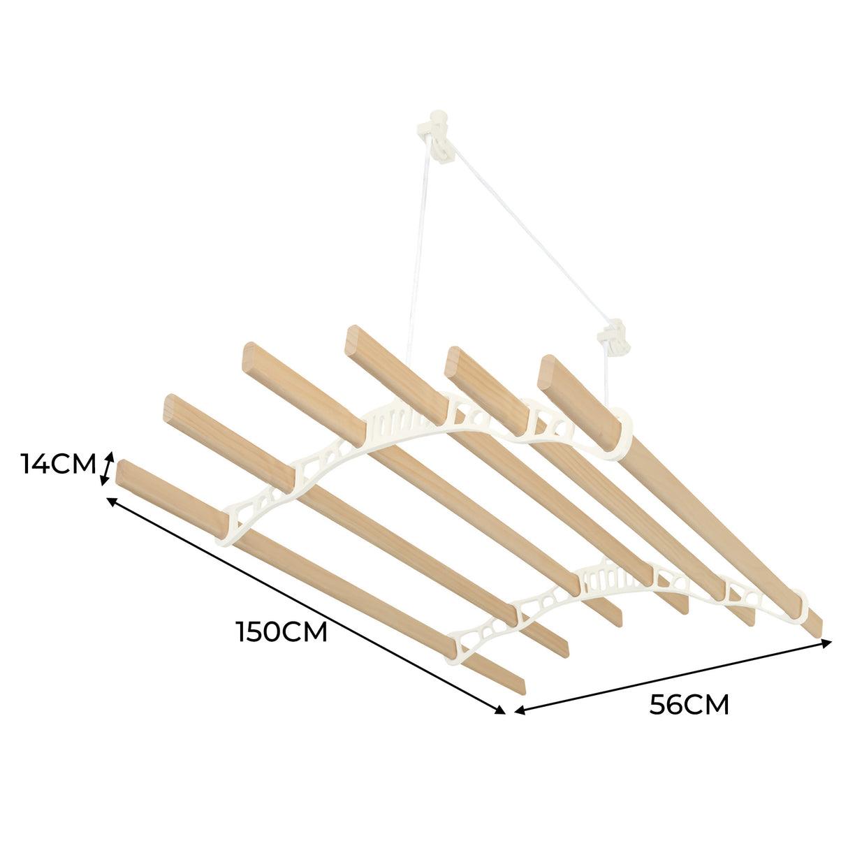 Étendoir à linge suspendu de 1,5 m en ivoire avec barres en bois naturel, design pratique et élégant, idéal pour le séchage du linge