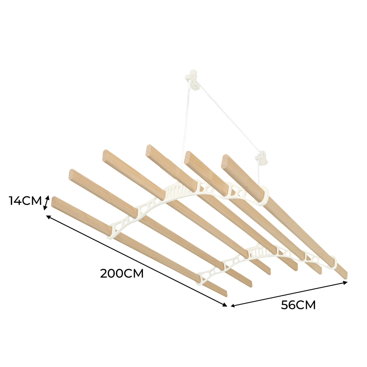 Étendoir à linge suspendu de 2 m en ivoire avec barres en bois, design pratique, dimensions 200 cm x 56 cm, texture lisse et moderne