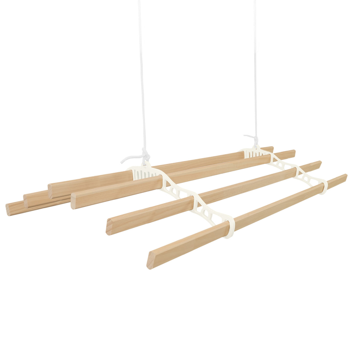 Étendoir à linge suspendu en ivoire, avec barres en bois clair, design pratique et moderne, idéal pour le séchage intérieur ou extérieur