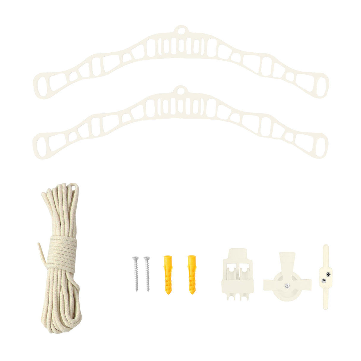 Étendoir à linge suspendu en ivoire, comprenant deux supports, corde solide, vis et accessoires pour installation facile