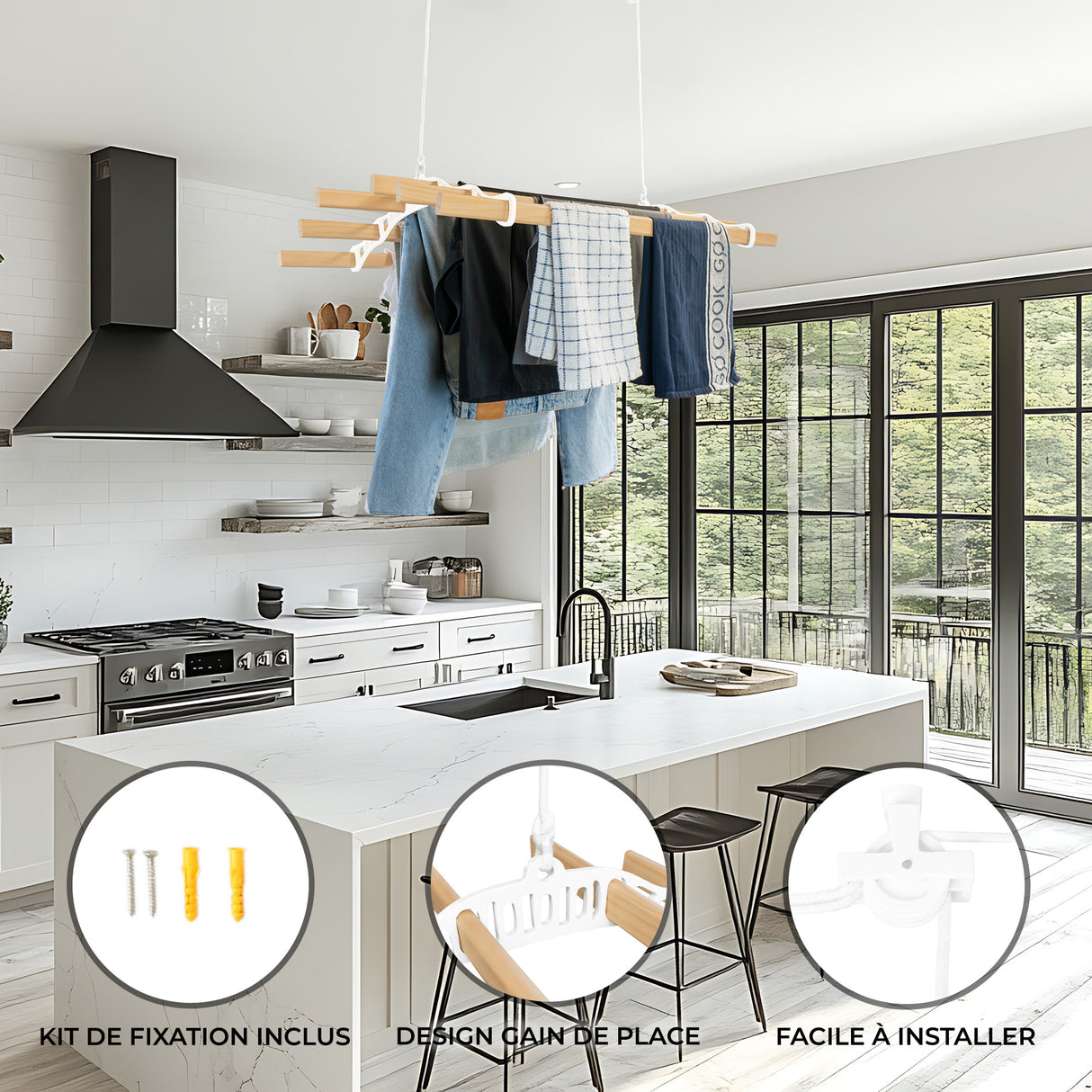 Étendoir à linge suspendu blanc de 0,9 m avec vêtements accrochés, installé dans une cuisine moderne avec fenêtres lumineuses