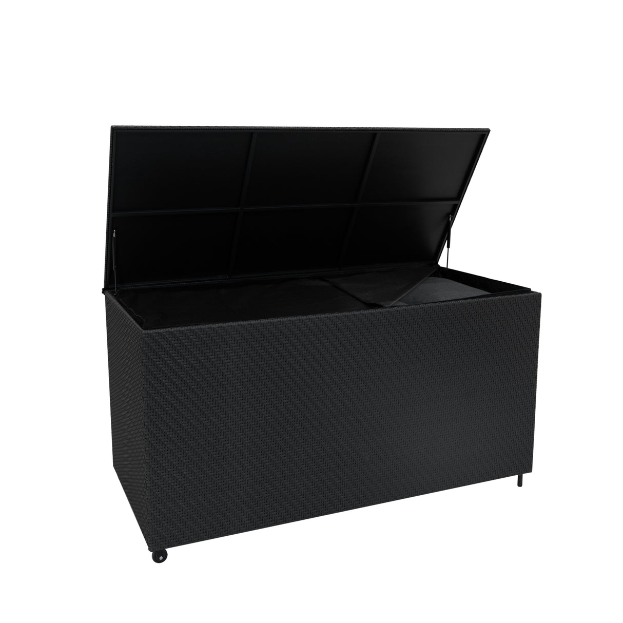 Coffre de rangement d'extérieur en rotin noir, 700 L, avec un couvercle ouvert, texture tissée et roulettes pour un déplacement facile