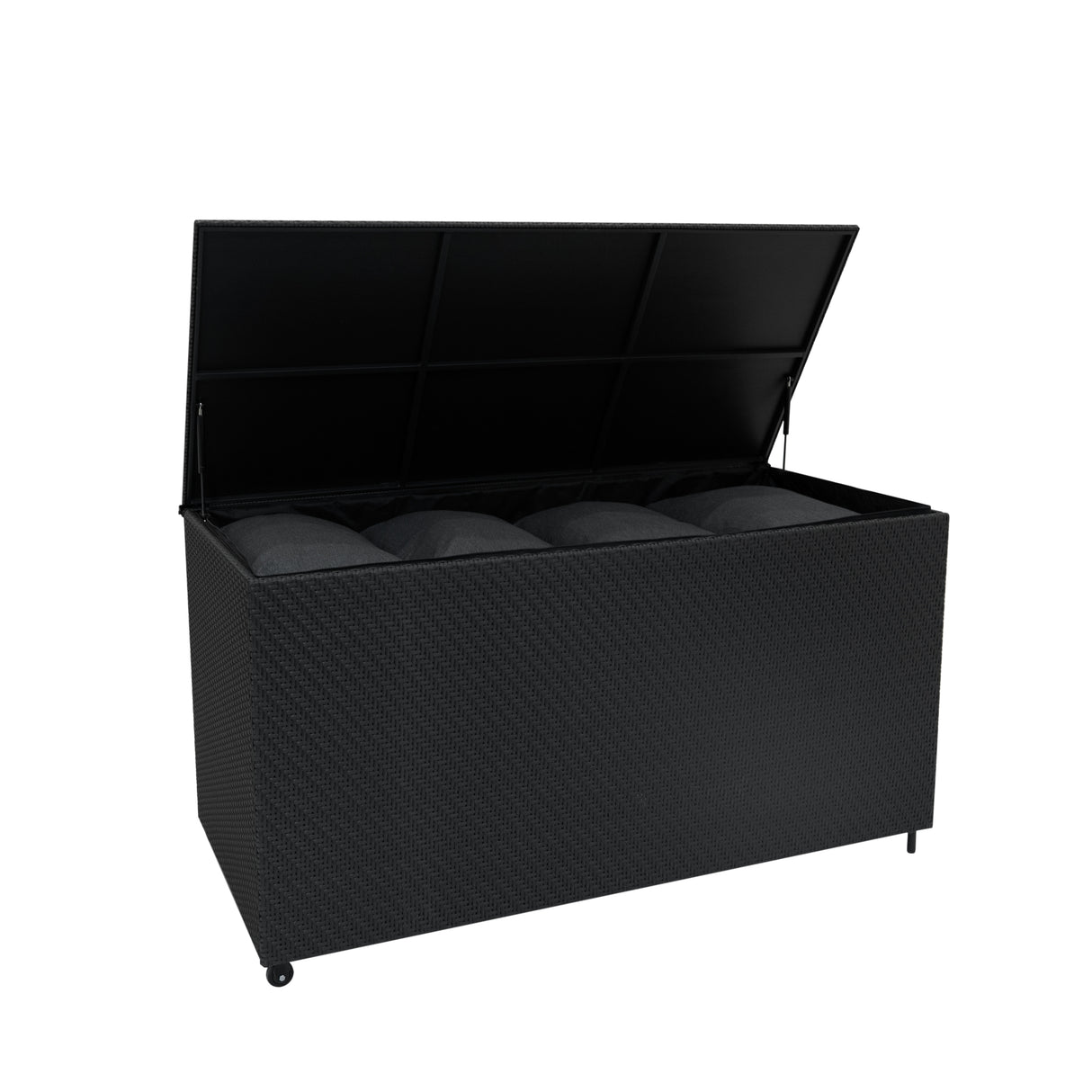 Coffre de rangement extérieur en rotin noir, 700 L, avec couvercle ouvert, offrant un espace de stockage spacieux et pratique