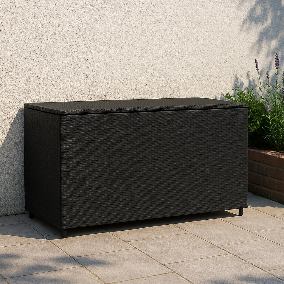 Coffre de rangement d'extérieur en rotin noir, 700 L, avec texture tissée, idéal pour le jardin ou la terrasse, sur un sol en pavés
