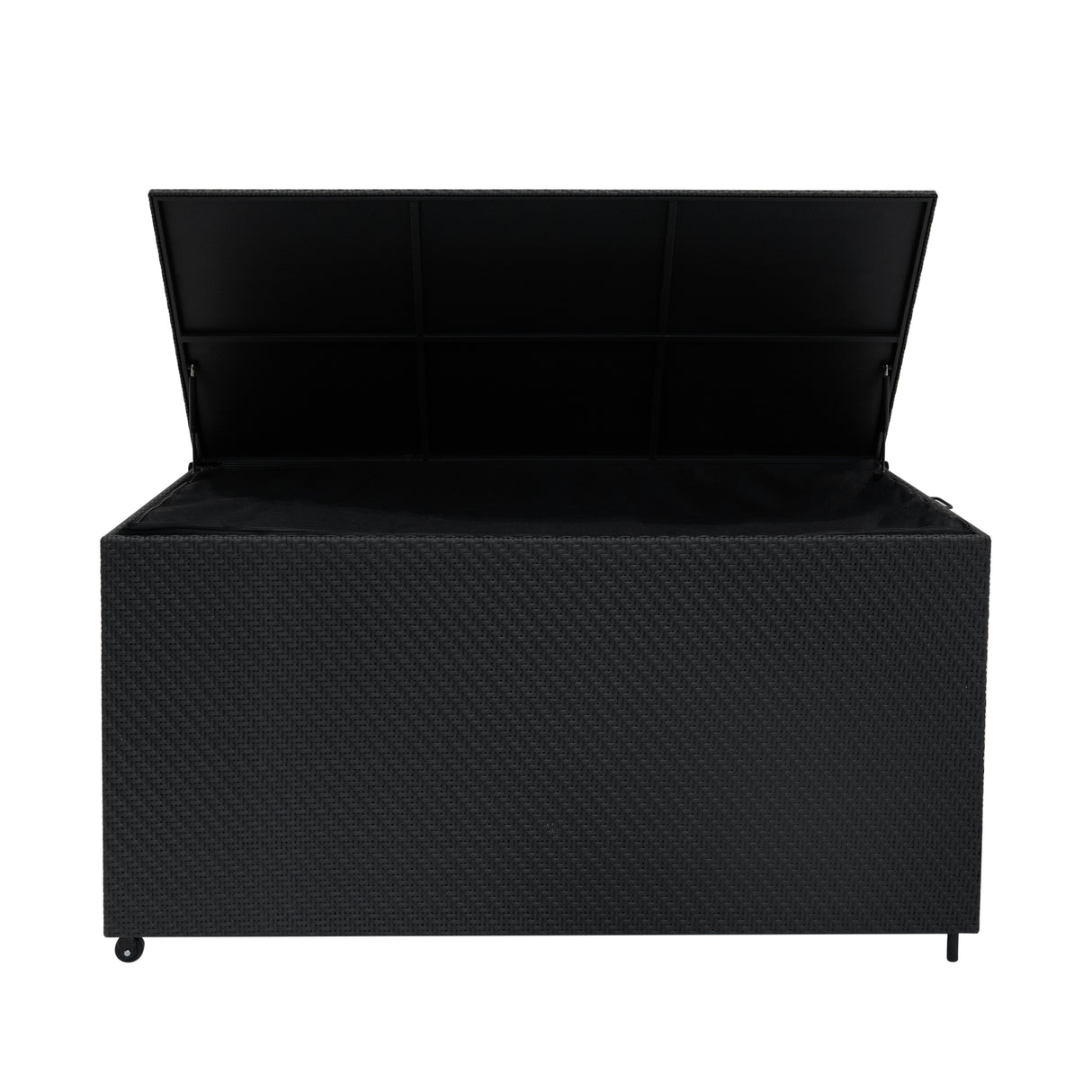 Coffre de rangement d'extérieur en rotin noir, 700 L, avec un couvercle ouvrant et une texture tissée élégante, idéal pour le jardin