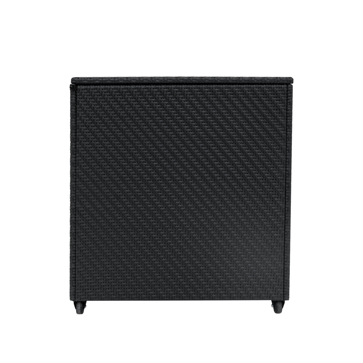 Coffre de rangement d'extérieur en rotin noir, design moderne, texture tissée, capacité de 700 L, idéal pour le jardin ou la terrasse