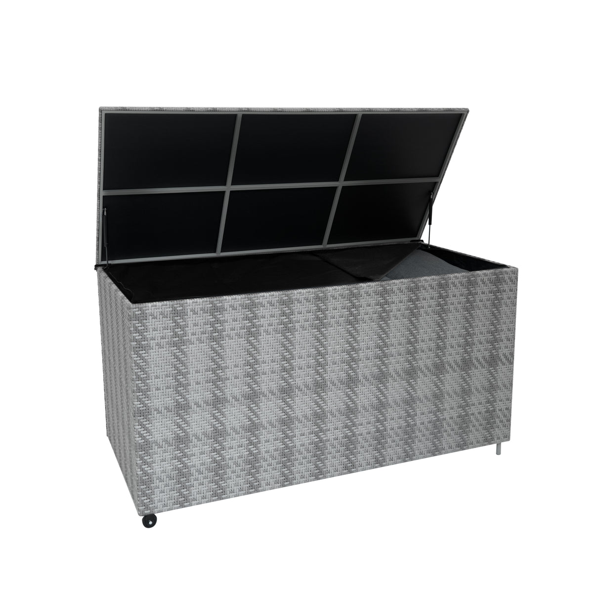 Coffre de rangement d'extérieur en rotin gris de 700 L, avec un design tressé élégant et un couvercle ouvrant pour un accès facile