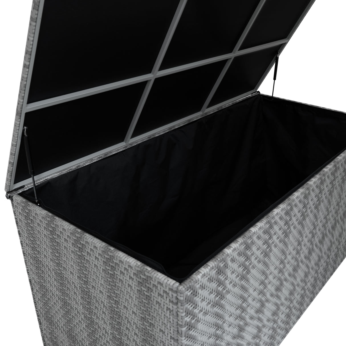 Coffre de rangement d'extérieur en rotin gris, 700 L, avec un intérieur noir spacieux et un couvercle ouvert, texture tissée élégante