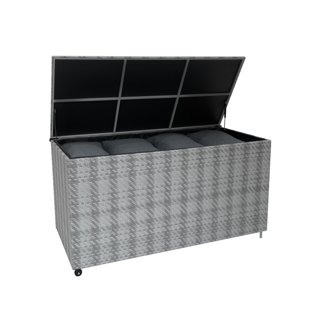 Coffre de rangement d'extérieur en rotin gris, avec un couvercle ouvrant et des coussins gris à l'intérieur, design moderne et élégant
