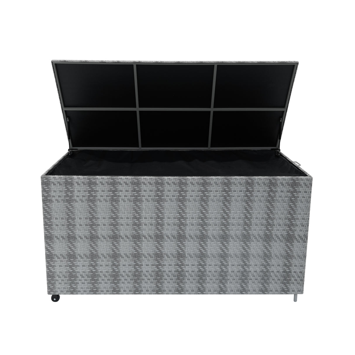 Coffre de rangement d'extérieur en rotin gris de 700 L, avec un couvercle ouvert, texture tissée et intérieur noir spacieux